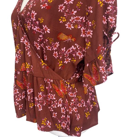 MADEWELL Butterfly Floral Wrap Blouse Ruffle Sleeve Burgundy Fairy Y2K Sz 2 NWT - Picture 8 of 12